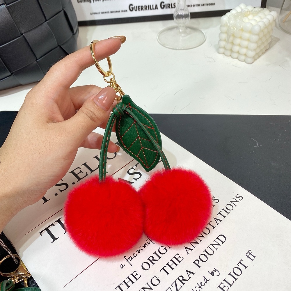 Real Rabbit fur pompom keychain, Gold Ring Fluffy Red Cherry - KC042 Red Cherry